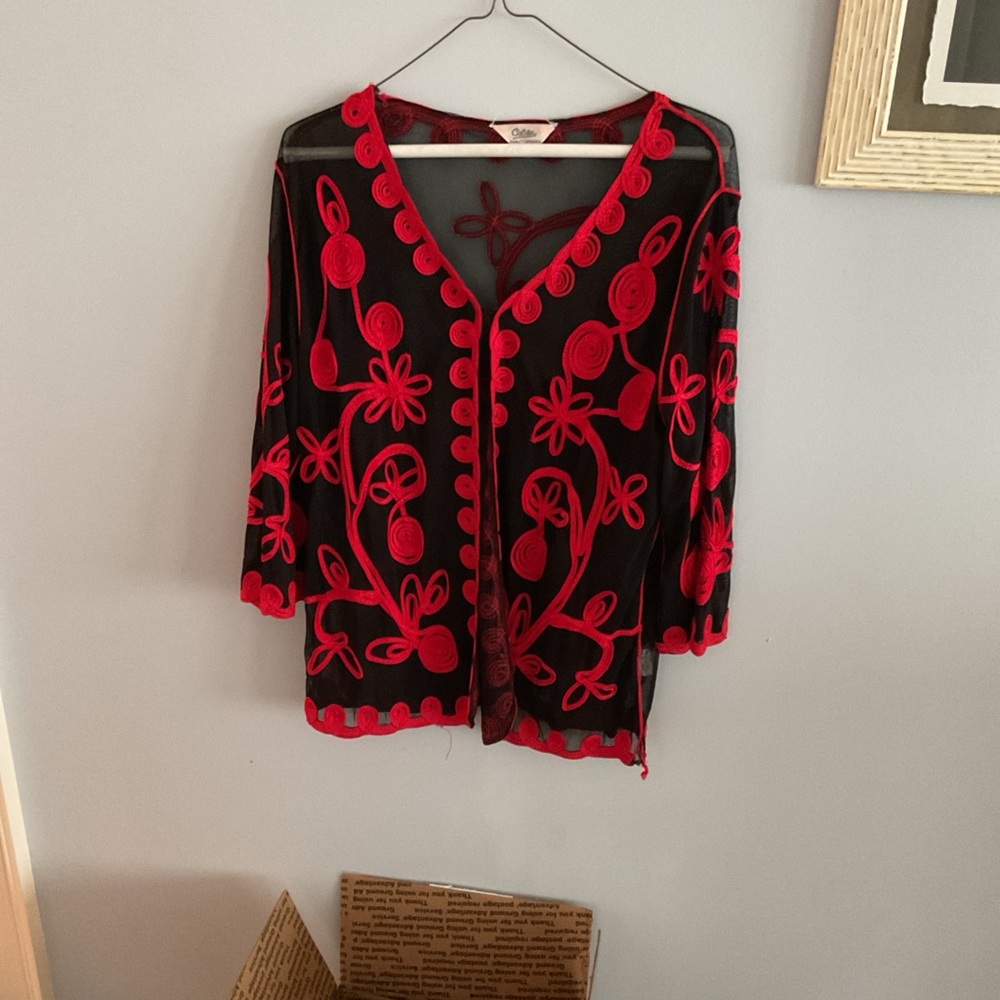 Black & Red Embroidered Teddy Jacket - Vintage-Inspired